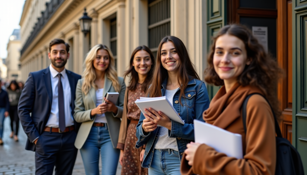 Groupe d'étudiants souriants devant un bâtiment universitaire