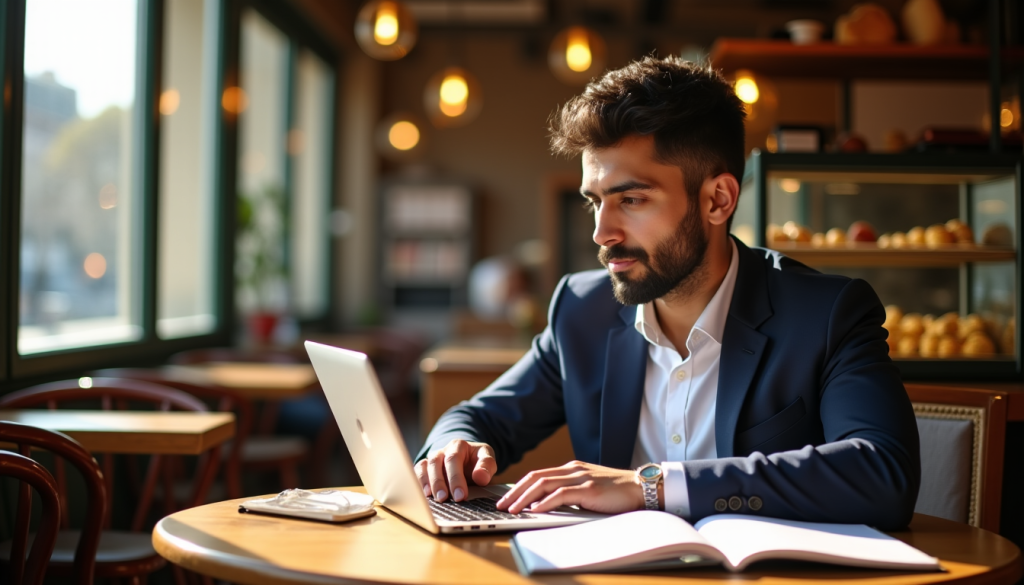 Homme en costume travaillant sur laptop dans un café