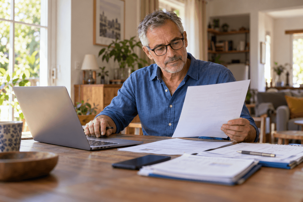 Homme mature examinant des documents devant son ordinateur portable